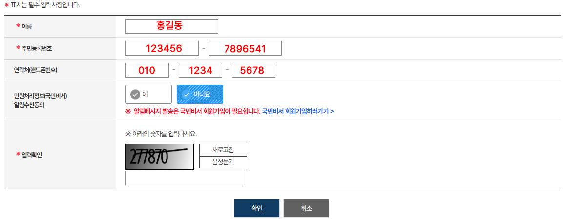 정부24 비회원 신청 정보 입력하기